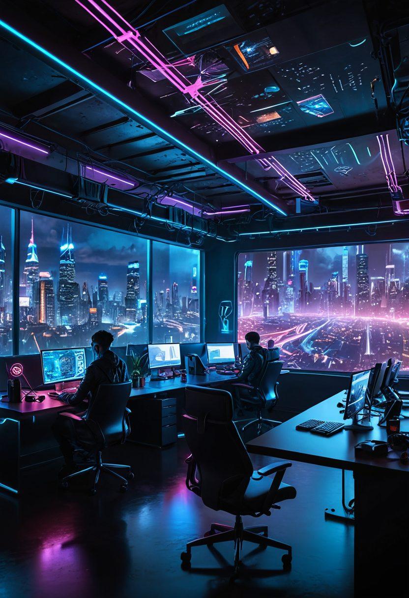 A futuristic workspace bustling with activity: diverse developers collaborating with holographic screens, digital code flowing like streams, and innovative web designs floating mid-air. The setting is modern and sleek, with glowing neon lights and a cityscape backdrop. super-realistic. vibrant colors. cyberpunk.