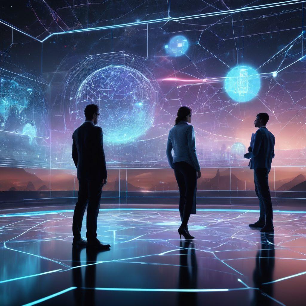 A futuristic digital landscape with holographic interfaces, sleek platforms, and interconnected networks symbolizing professional web services. Highlight glowing lines, tech icons, and diverse people interacting with advanced web technologies. Super-realistic. Vibrant colors. Dynamic composition.