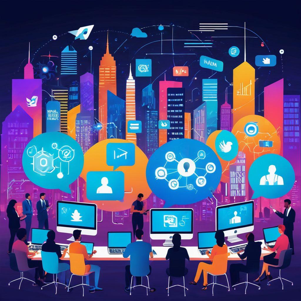 A dynamic illustration of a diverse group of people interacting with advanced web technology on multiple devices (laptops, tablets, smartphones), surrounded by vibrant icons of social media, analytics, and coding. The background features a digital cityscape with interconnected networks symbolizing online presence. futuristic. vector art. vibrant colors.